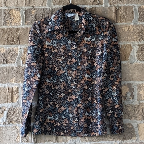 Vintage 70s Modern Junior Falling Leaves Ferns Long Sleeve Blouse Dagger Collar - Picture 1 of 6